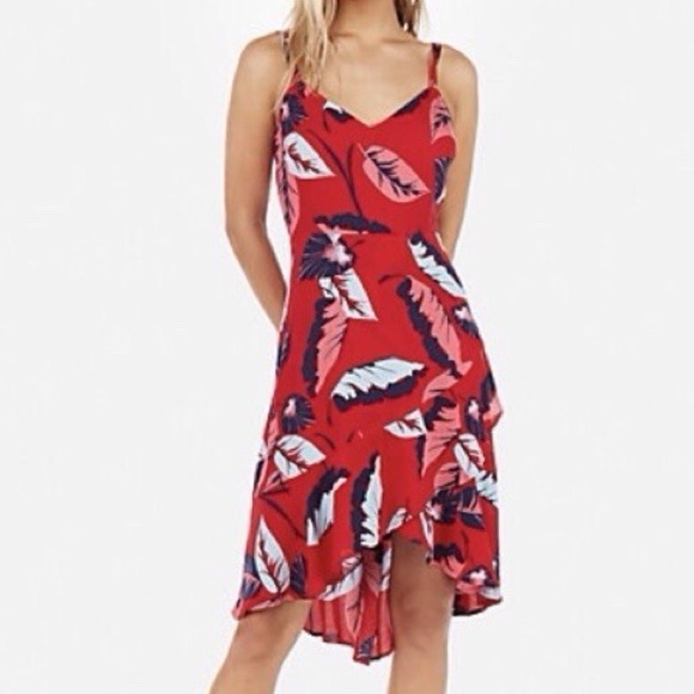 Express Women XXS Red Leaf Print Tropical Hawaiian Ruffle High Low Midi Sundress